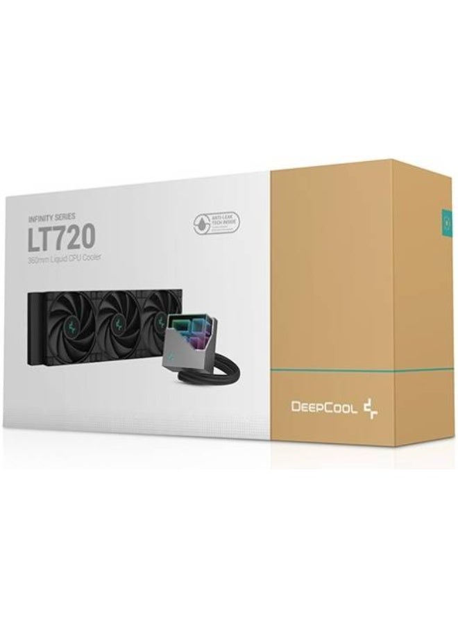 DeepCool LT720 high performance liquid CPU cooler provides strong heat dissipation power with a 360mm radiator, three precision tuned FK120 fans, and a multidimensional infinity mirror top cap. - Image 1